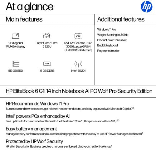 HP EliteBook 6 G1i AI PC Wolf Pro Security Edition Intel Core Ultra 5 225U Laptop 14" WUXGA 16 GB DDR5-SDRAM 512 GB SSD Wi-Fi 7 (802.11be) Windows 11 Pro Silver
