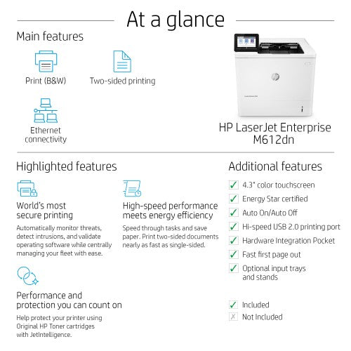 HP LaserJet Enterprise M612dn Black and white Printer, Ethernet Only; Duplex