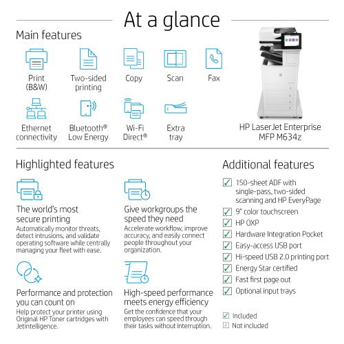 HP LaserJet Enterprise M634z Wireless Multifunction Black and white Printer, Copier, Scanner; Duplex