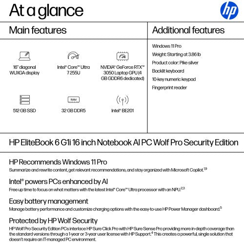 HP EliteBook 6 G1i 16 inch Notebook AI PC Wolf Pro Security Edition Intel Core Ultra 5 16" WUXGA 32 GB DDR5-SDRAM Silver