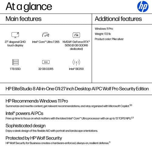 HP EliteStudio 8 G1i AI PC Wolf Pro Security Edition Intel Core Ultra 7 265 27" 2560 x 1440 pixels Touchscreen All-in-One PC 32 GB DDR5-SDRAM 1 TB SSD Windows 11 Pro Wi-Fi 7 (802.11be) Silver