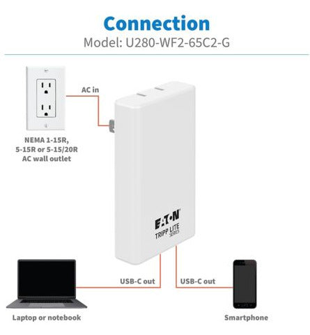 Eaton U280-WF2-65C2-G mobile device charger Laptop, Tablet, Smartphone White AC Indoor