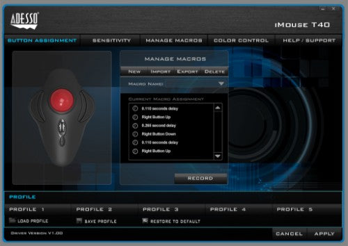 Adesso iMouse T40 mouse Office Ambidextrous RF Wireless Trackball 4800 DPI