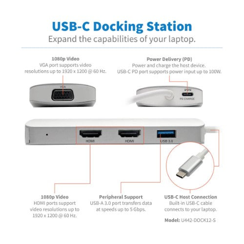 Tripp Lite U442-DOCK12-S laptop dock/port replicator USB 3.2 Gen 2 (3.1 Gen 2) Type-C Silver
