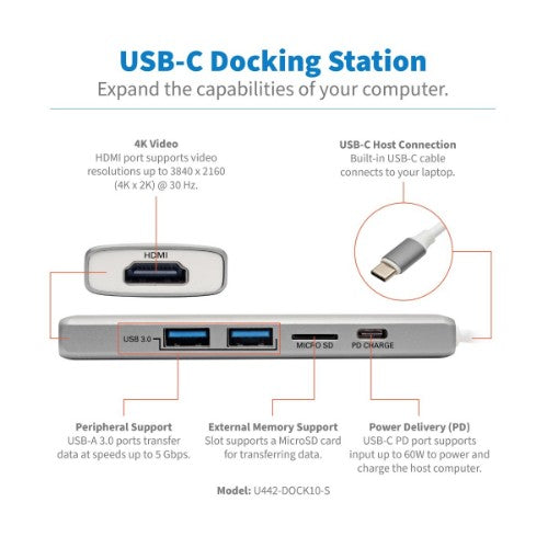 Tripp Lite U442-DOCK10-S laptop dock/port replicator USB 3.2 Gen 2 (3.1 Gen 2) Type-C Silver