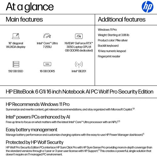 HP EliteBook 6 G1i 16 inch Notebook AI PC Wolf Pro Security Edition Intel Core Ultra 5 16" WUXGA 16 GB DDR5-SDRAM Silver