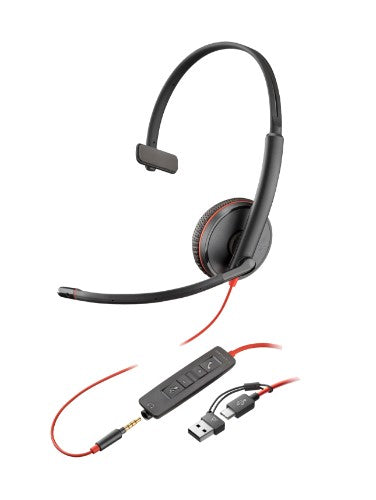 HP Poly Blackwire 3215 Monaural Headset +USB-C/A Adapter TAA