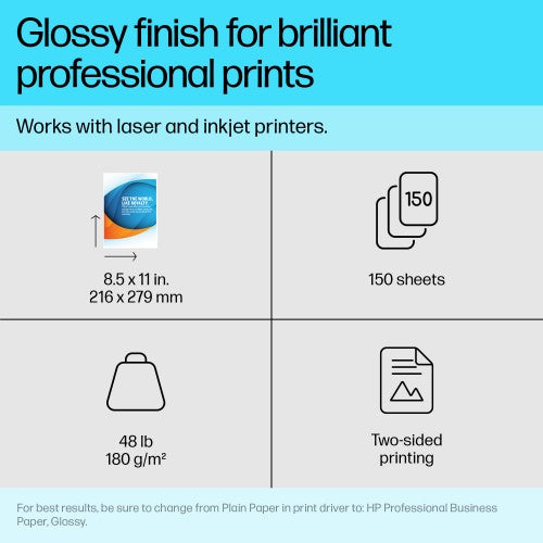 HP Professional Business Paper Glossy 48 lb 8.5 x 11 in. (216 x 279 mm) 150 sheets