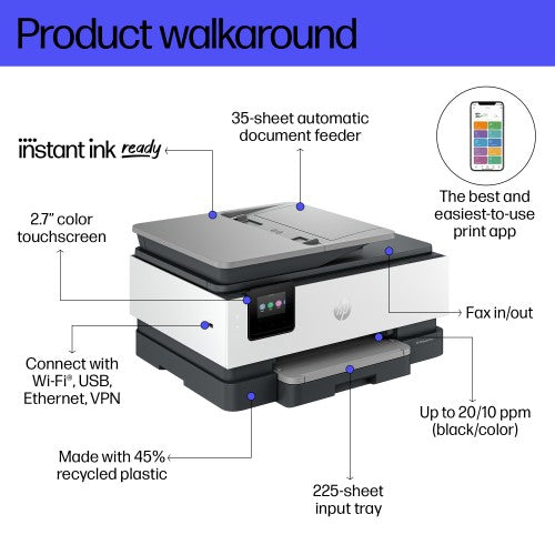 HP OfficeJet Pro 8139e Wireless All-in-One Color Printer, Instant Ink; Two-sided printing