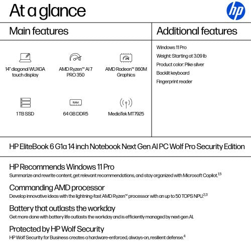 HP EliteBook 6 G1a Next Gen AI PC Wolf Pro Security Edition AMD Ryzen AI 7 PRO 350 Laptop 14" Touchscreen WUXGA 32 GB DDR5-SDRAM 1 TB SSD Wi-Fi 7 (802.11be) Windows 11 Pro Silver