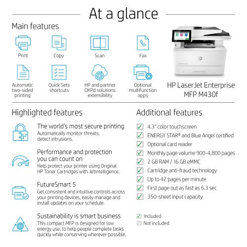 HP LaserJet Enterprise M430f Multifunction Black and white Printer, Ethernet Only; Copier, Scanner