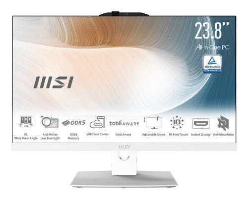 MSI Modern AM242TP 1M-1200US Intel Core 3 100U 23.8" 1920 x 1080 pixels Touchscreen All-in-One PC 8 GB DDR5-SDRAM 512 GB SSD Windows 11 Home Wi-Fi 6E (802.11ax) White