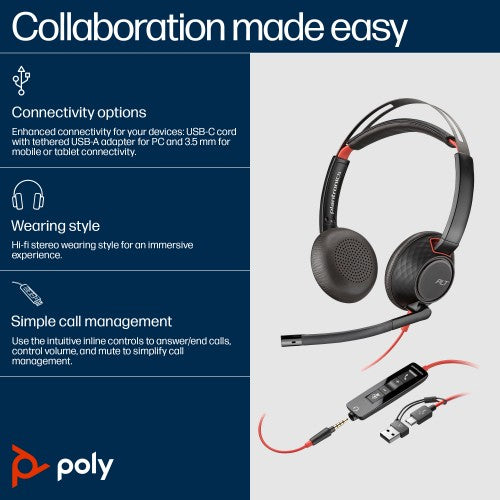 HP Poly Poly Blackwire C5220 USB-C Headset +Inline Cable (Bulk)