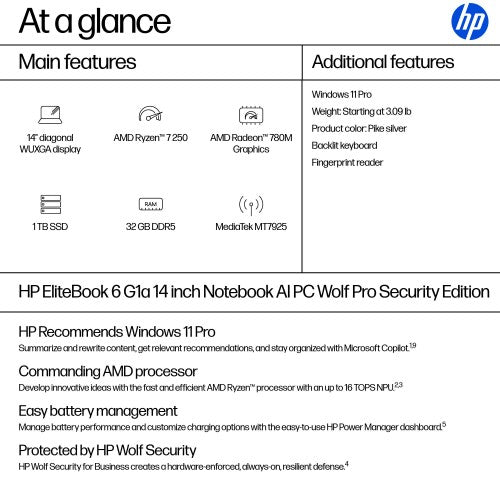 HP EliteBook 6 G1a AI PC Wolf Pro Security Edition AMD Ryzen™ 7 250 Laptop 14" WUXGA 32 GB DDR5-SDRAM 1 TB SSD Wi-Fi 7 (802.11be) Windows 11 Pro Silver
