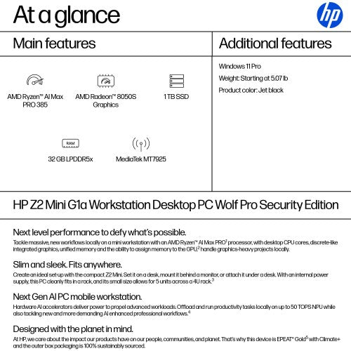 HP Z2 Mini G1a Wolf Pro Security Edition AMD Ryzen AI Max PRO PRO 385 32 GB LPDDR5x-SDRAM 1 TB SSD Windows 11 Pro Mini PC Workstation Black