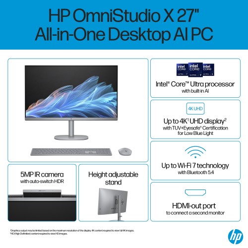 HP OmniStudio X 27-cs0010 Intel Core Ultra 7 155H 27" 1920 x 1080 pixels Touchscreen All-in-One PC 16 GB DDR5-SDRAM 1 TB SSD Windows 11 Home Wi-Fi 6 (802.11ax) Gray