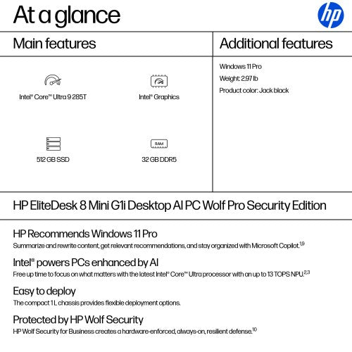 HP EliteDesk 8 Mini G1i Desktop AI PC Wolf Pro Security Edition Intel Core Ultra 9 32 GB DDR5-SDRAM 512 GB SSD Windows 11 Pro Mini PC