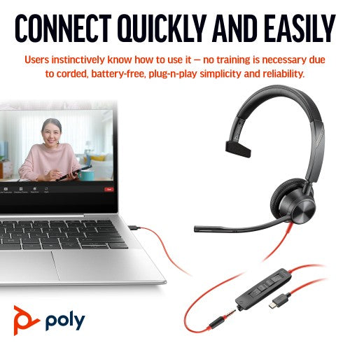 HP Poly Blackwire 3315 Monaural Microsoft Teams Certified USB-C Headset +3.5mm Plug +USB-C/A Adapter