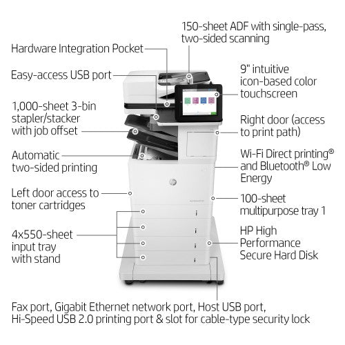 HP LaserJet Enterprise M634z Wireless Multifunction Black and white Printer, Copier, Scanner; Duplex