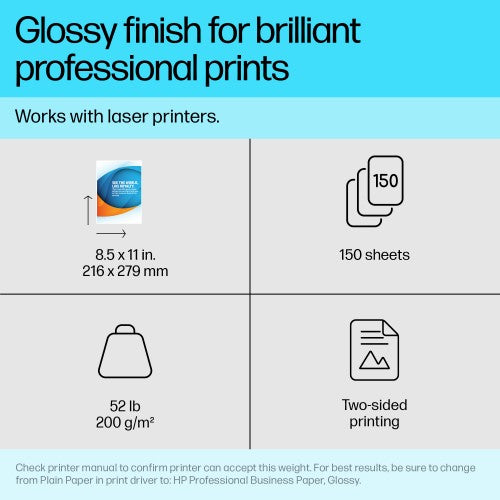 HP Professional Business Paper Glossy 52 lb 8.5 x 11 in. (216 x 279 mm) 150 sheets