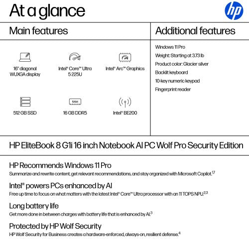HP EliteBook 8 G1i 16 AI PC Wolf Pro Security Edition Intel Core Ultra 5 225U Laptop 16" WUXGA 16 GB DDR5-SDRAM 512 GB SSD Wi-Fi 7 (802.11be) Windows 11 Pro Silver