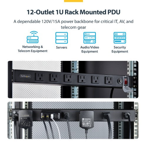 StarTech.com 1215B8H-RACK-PDU-RA power distribution unit (PDU) 12 AC outlet(s) 1U Black
