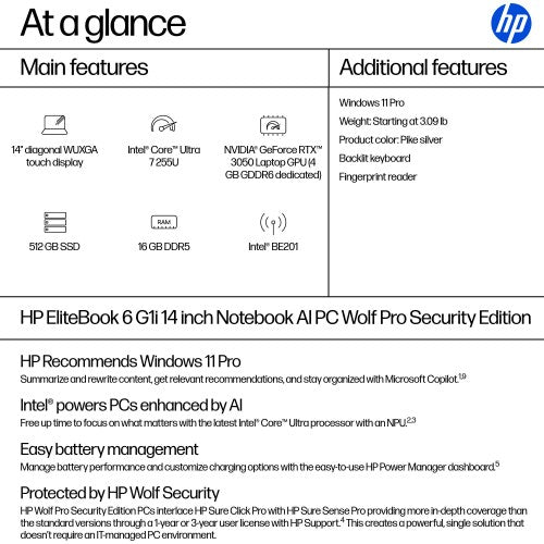 HP EliteBook 6 G1i AI PC Wolf Pro Security Edition Intel Core Ultra 7 255U Laptop 14" Touchscreen WUXGA 16 GB DDR5-SDRAM 512 GB SSD Wi-Fi 7 (802.11be) Windows 11 Pro Silver
