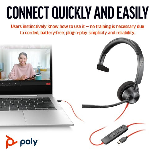 Poly Blackwire 3310 Monaural Microsoft Teams Certified USB-C Headset +USB-C/A Adapter