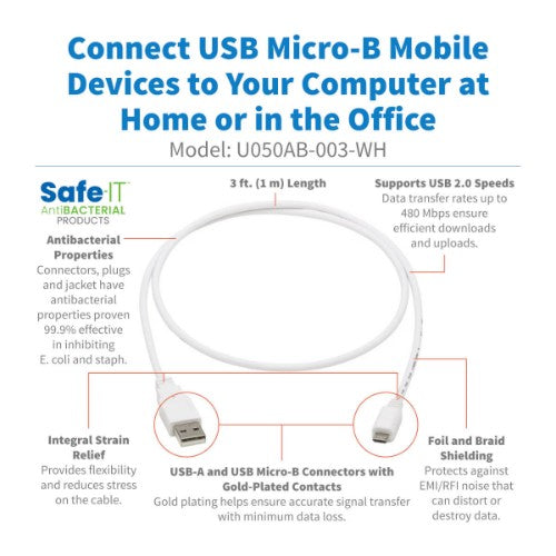 Tripp Lite U050AB-003-WH USB cable USB 2.0 35.8" (0.91 m) USB A Micro-USB B White