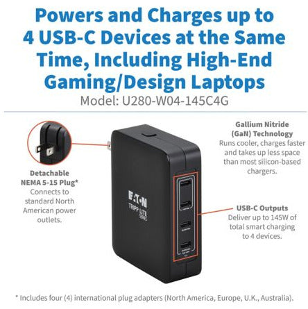 Eaton U280-W04-145C4G mobile device charger Smartphone, Tablet, Laptop, Portable gaming console, Portable speaker Black AC Indoor