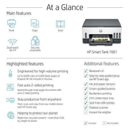 HP Smart Tank 7001 Wireless All-in-One Color Printer, Two-sided printing; Copier, Scanner