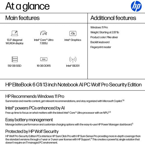 HP EliteBook 6 G1i 13 inch Notebook AI PC Wolf Pro Security Edition Intel Core Ultra 7 13.3" WUXGA 16 GB DDR5-SDRAM Silver