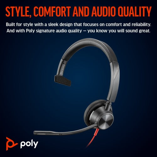 Poly Blackwire 3315 Monaural USB-C Headset +3.5mm Plug +USB-C/A Adapter