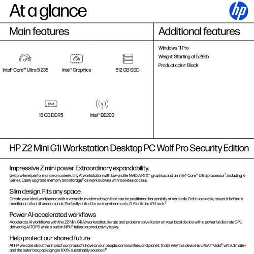 HP Z2 Mini G1i Wolf Pro Security Edition Intel Core Ultra 5 235 16 GB DDR5-SDRAM 512 GB SSD Windows 11 Pro Mini PC Workstation AI Workstation, AI PC Black