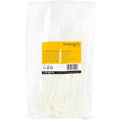 StarTech.com CBMZTRB8 cable tie Releasable cable tie Nylon, Plastic White