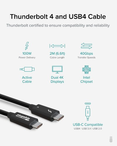 Plugable Technologies TBT4-40G2M Thunderbolt cable 78.7" (2 m) 40 Gbit/s Black