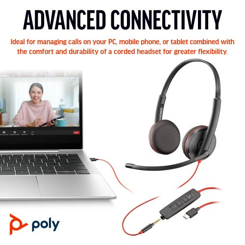 HP Poly Blackwire 3225 Stereo USB-C Headset +3.5mm Plug +USB-C/A Adapter