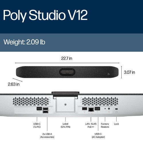 HP Poly Studio V12 USB Video Bar No Radio w/USB-C 65W Power Adapter and Power Cord GSA/TAA