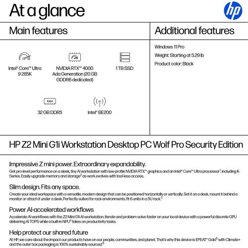 HP Z2 Mini G1i Wolf Pro Security Edition Intel Core Ultra 9 285K 32 GB DDR5-SDRAM 1 TB SSD NVIDIA RTX 4000 Ada Windows 11 Pro Mini PC Workstation AI Workstation, AI PC Black