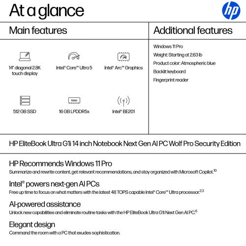 HP EliteBook Ultra G1i 14 inch Notebook Next Gen AI PC Wolf Pro Security Edition Copilot+ PC Intel Core Ultra 5 14" Touchscreen 2.8K 16 GB LPDDR5x-SDRAM Wi-Fi 7 (802.11be) Windows 11 Pro Blue