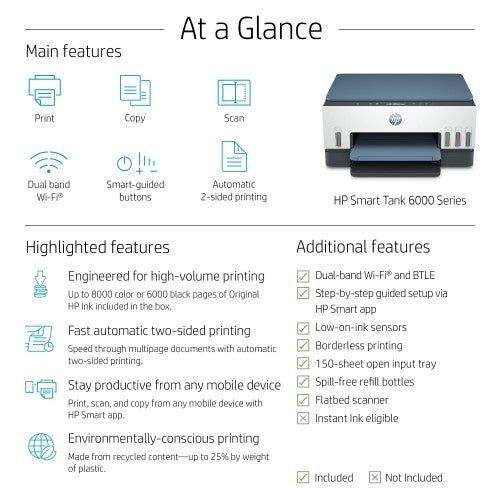HP Smart Tank 6001 Wireless All-in-One Color Printer, Copier, Scanner