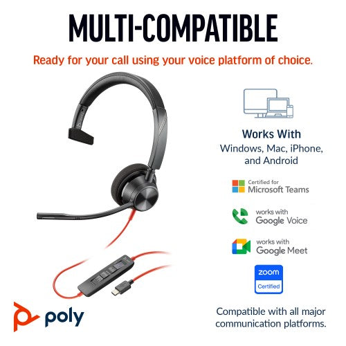 Poly Blackwire 3310 Monaural USB-C Headset +USB-C/A Adapter