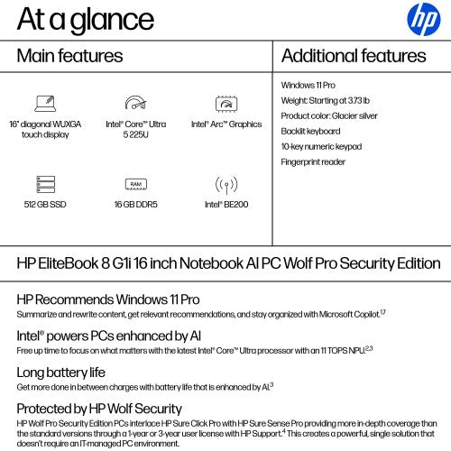 HP EliteBook 8 G1i 16 AI PC Wolf Pro Security Edition Intel Core Ultra 5 225U Laptop 16" Touchscreen WUXGA 16 GB DDR5-SDRAM 512 GB SSD Wi-Fi 7 (802.11be) Windows 11 Pro Silver