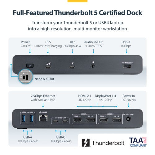 StarTech.com 206N-TB5USB4DOCK laptop dock/port replicator Wired Thunderbolt 5 Black, Gray