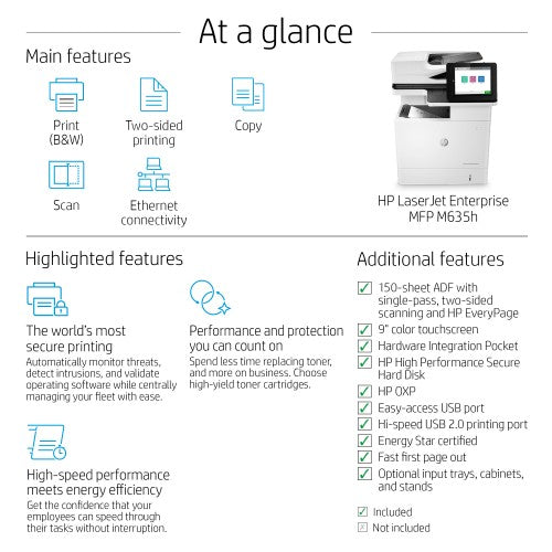 HP LaserJet Enterprise M636fh Multifunction Black and white Printer, Ethernet Only; Copier, Scanner