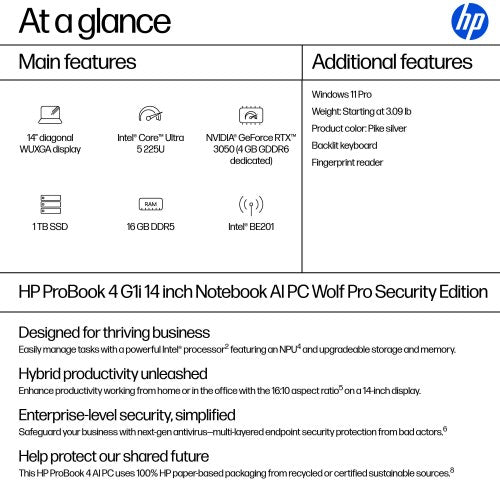HP ProBook 4 G1i AI Wolf Pro Security Edition Intel Core Ultra 5 225U Laptop 14" WUXGA 16 GB DDR5-SDRAM 1 TB SSD Wi-Fi 7 (802.11be) Windows 11 Pro Silver