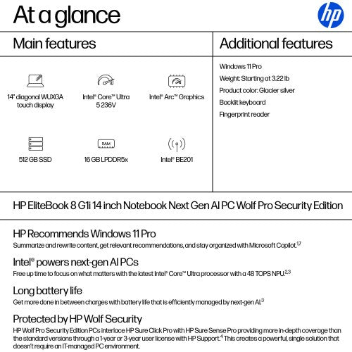 HP EliteBook 8 G1i 14 Next Gen AI PC Wolf Pro Security Edition Intel Core Ultra 5 236V Laptop 14" Touchscreen WUXGA 16 GB LPDDR5x-SDRAM 512 GB SSD Wi-Fi 7 (802.11be) Windows 11 Pro Silver