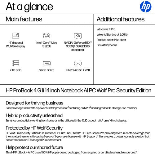 HP ProBook 4 G1i 14 inch Notebook AI PC Wolf Pro Security Edition Intel Core Ultra 7 14" WUXGA 16 GB DDR5-SDRAM Silver