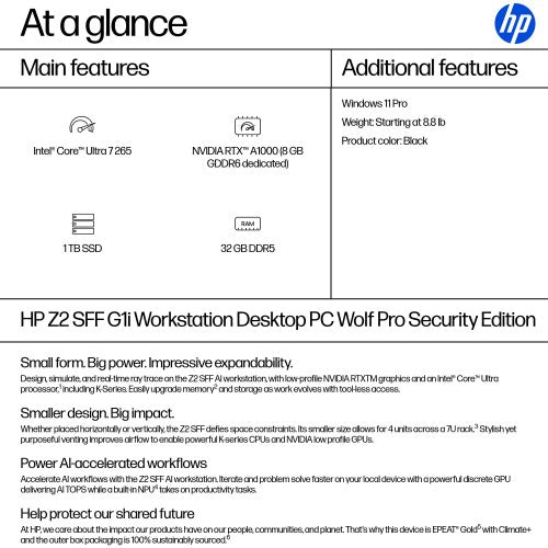 HP Z2 SFF G1i Wolf Pro Security Edition Intel Core Ultra 7 265 32 GB DDR5-SDRAM 1 TB SSD NVIDIA RTX A1000 Windows 11 Pro Workstation AI Workstation, AI PC Black