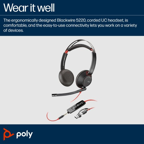 HP Poly Blackwire 5220 Stereo USB-C Headset +3.5mm Plug +USB-C/A Adapter (Bulk)
